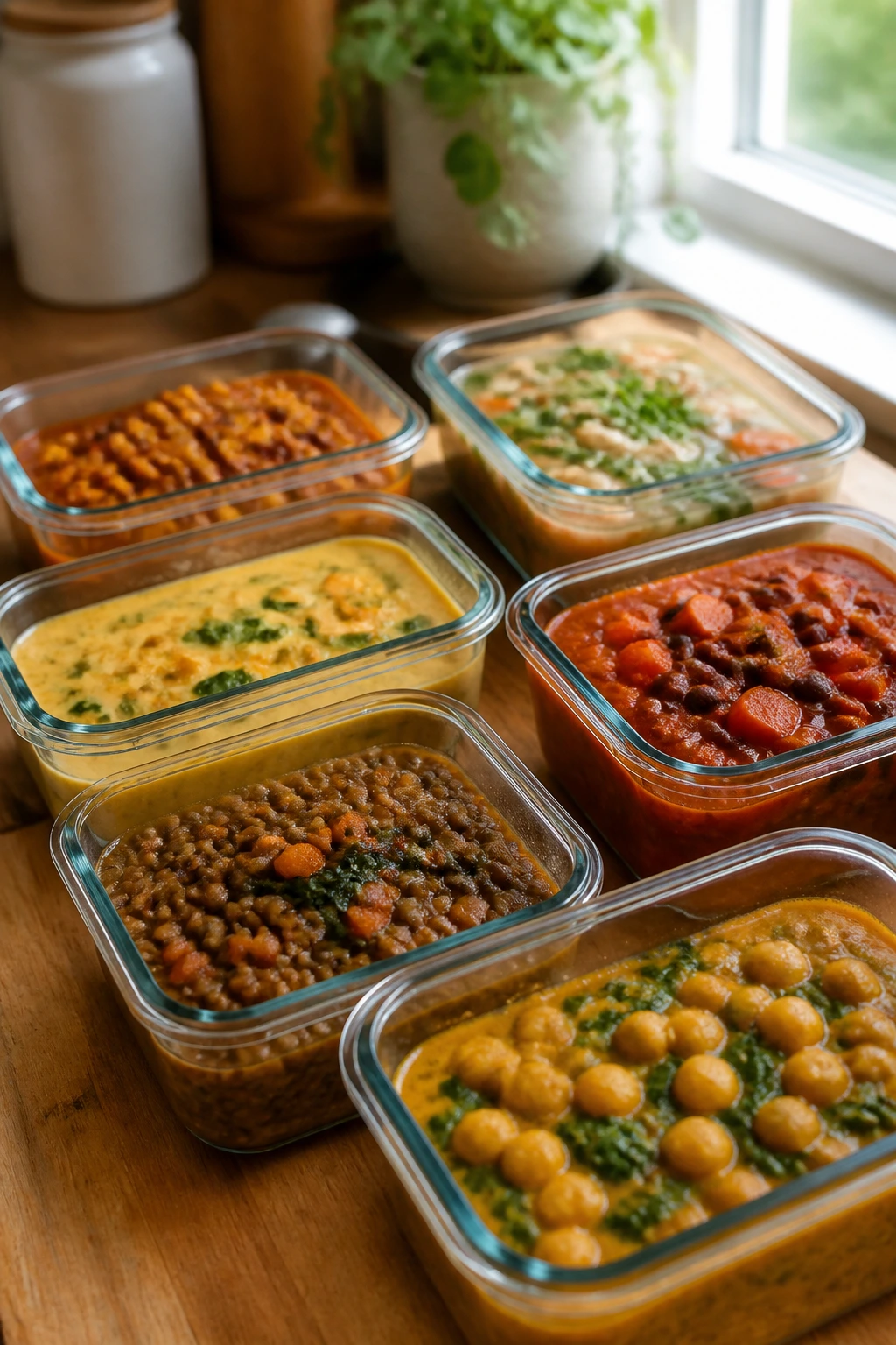 Close-up of glass meal-prep containers with colorful leftovers on a wooden counter, demonstrating make-ahead dinners and storage.