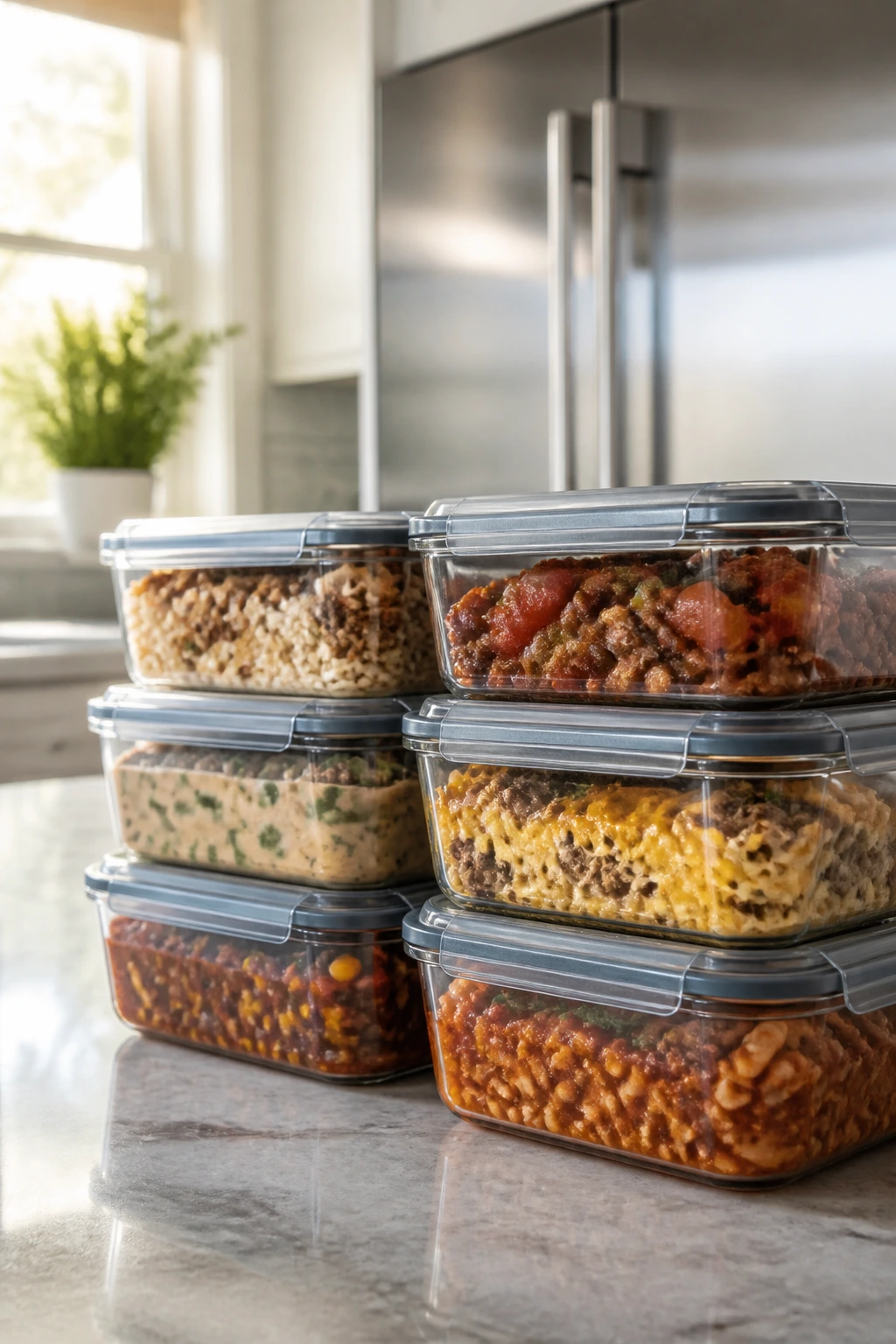 Close-up of glass meal-prep containers with colorful leftovers on a bright kitchen counter