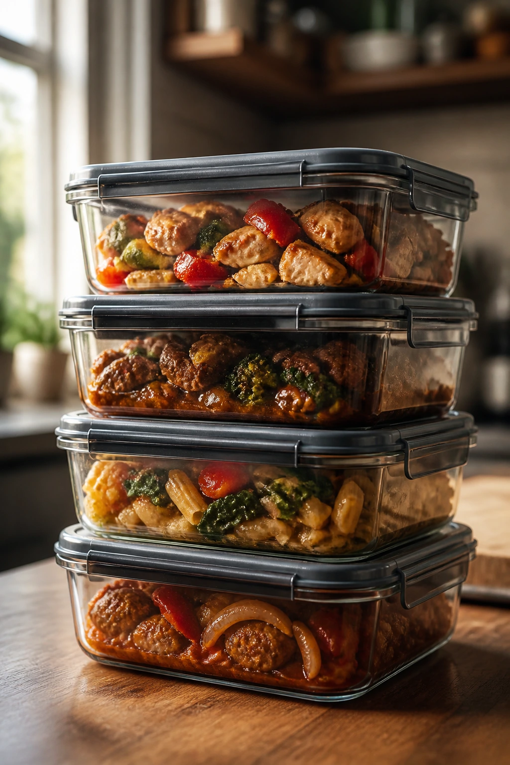 Close-up of glass meal-prep containers with one-pan dinners on a warm kitchen counter