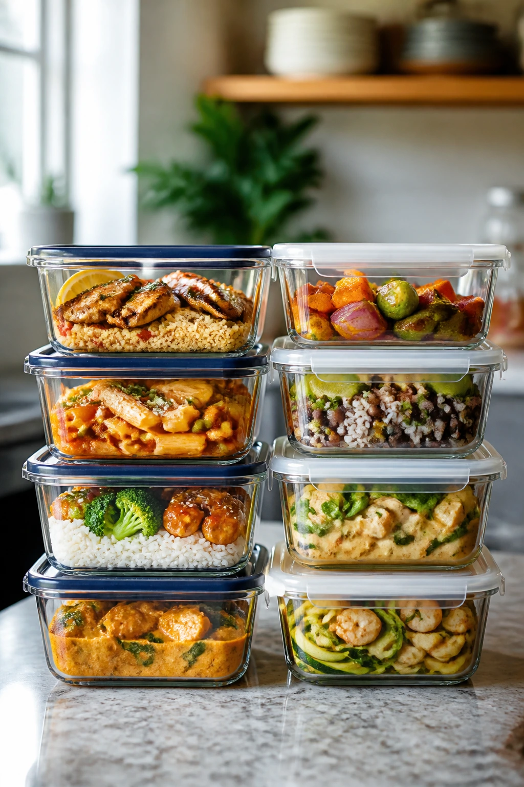 Stacked meal prep containers for make-ahead dinners