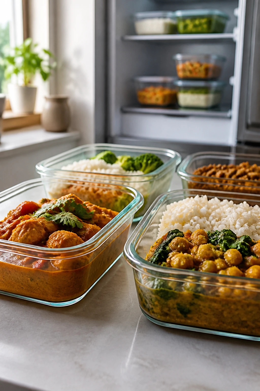 Close-up of glass meal-prep containers with varied dishes for storage and reheating in a home kitchen