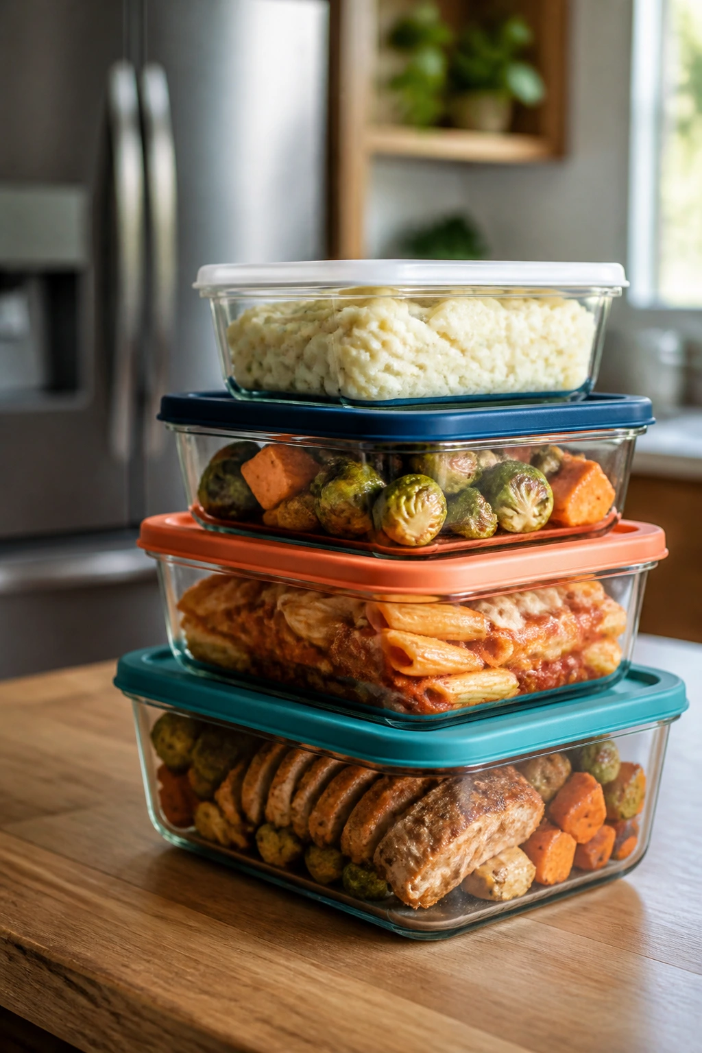 Close-up of glass meal-prep containers on a kitchen counter representing make-ahead storage