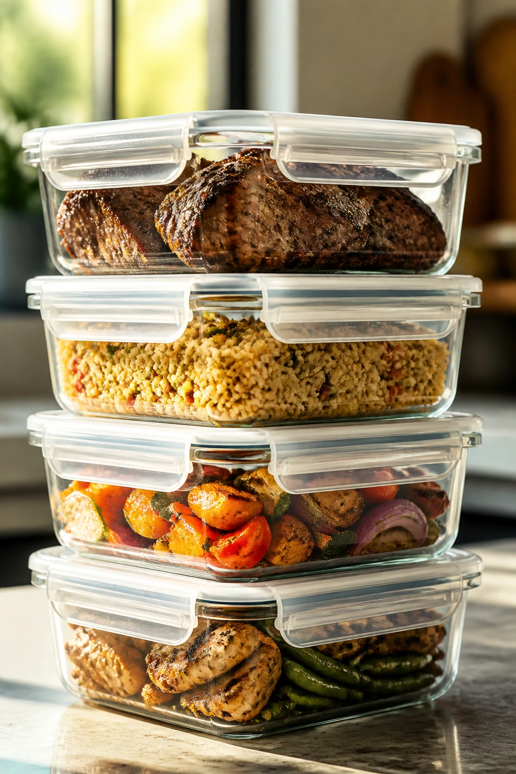 Close-up of airtight meal-prep containers on a kitchen counter, representing make-ahead storage and reheating