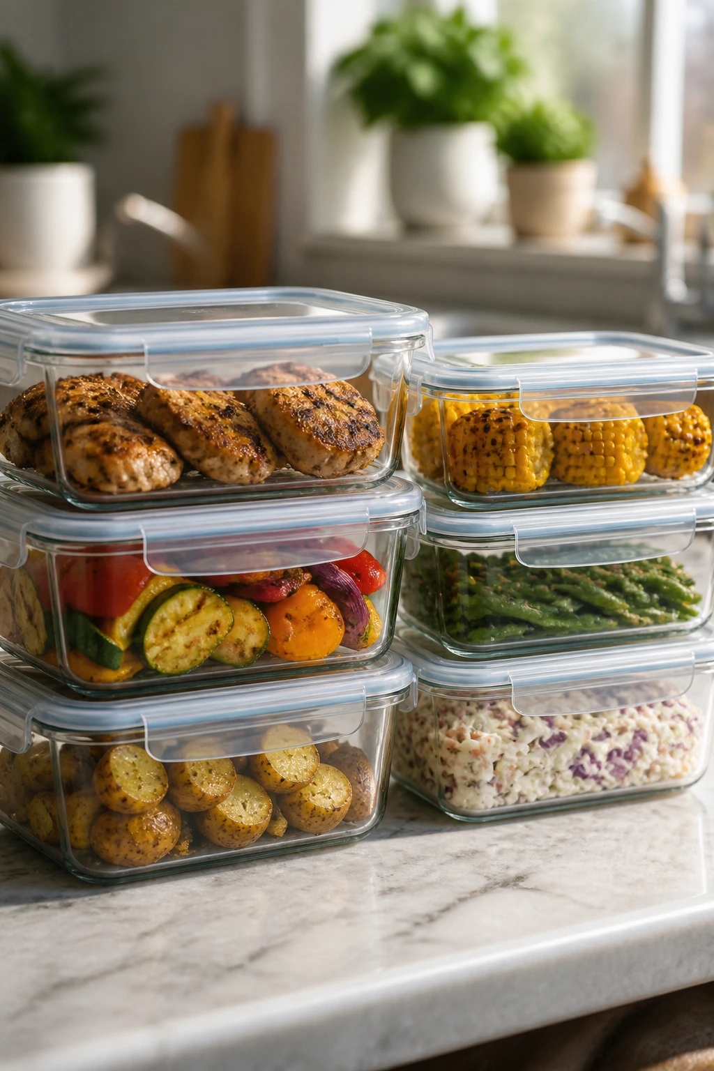 Row of glass containers with prepped ingredients on kitchen counter.