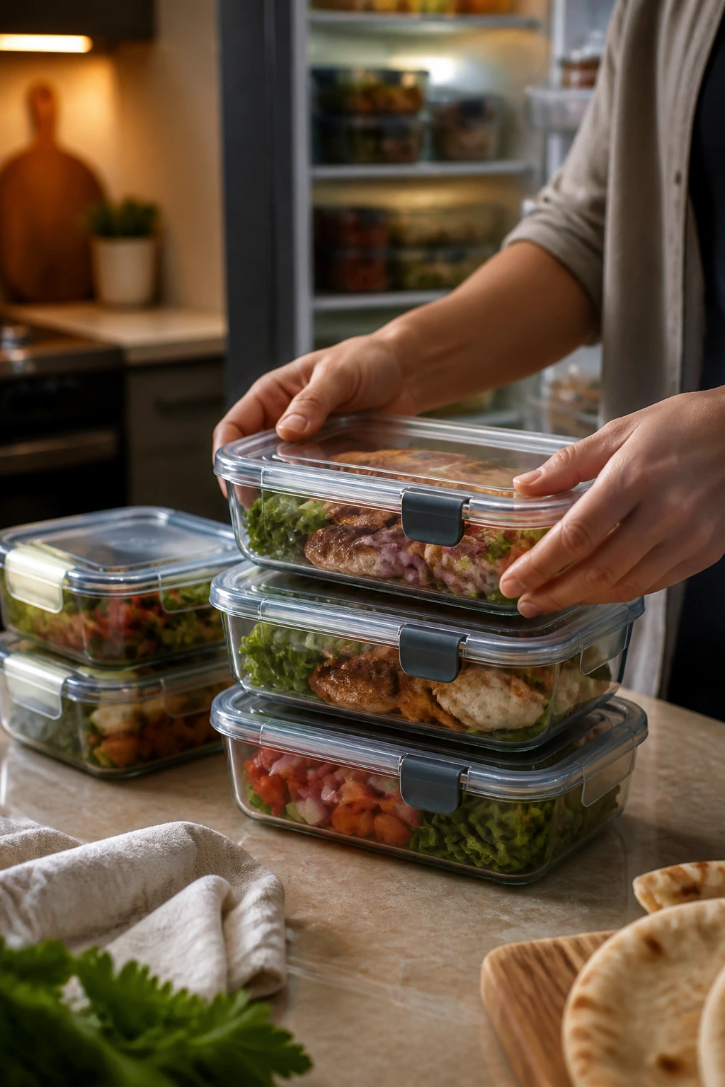 Close-up of hands organizing meal-prep containers in a warm kitchen to illustrate make-ahead and reheating guidance