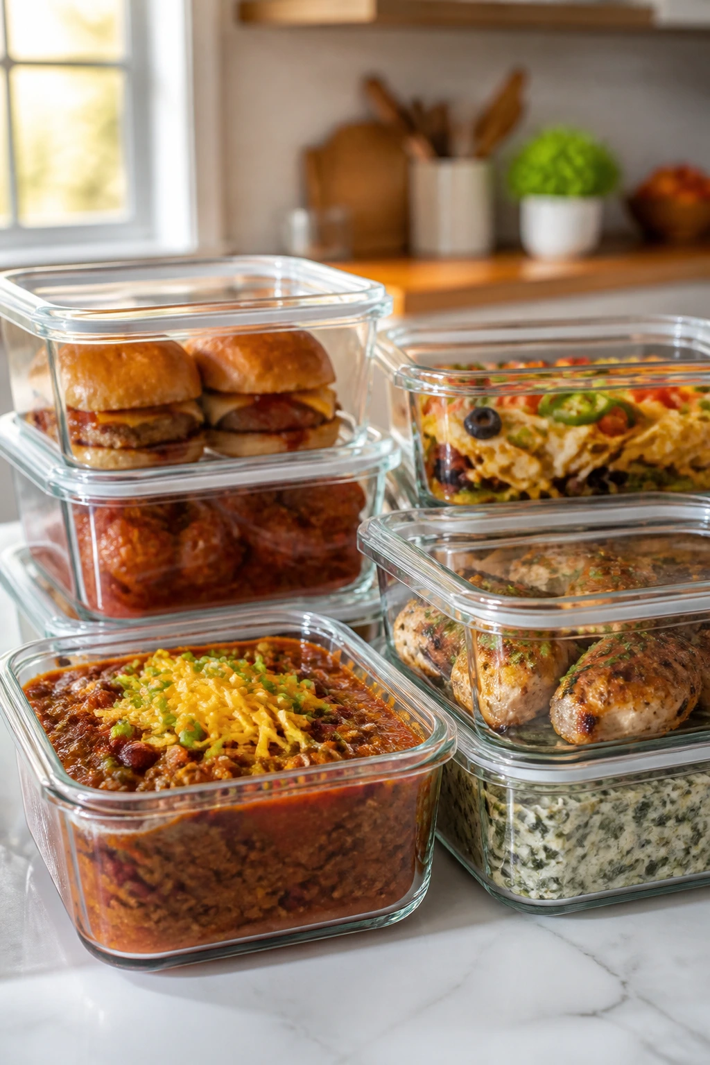 Close-up of glass meal-prep containers with colorful foods on a kitchen counter