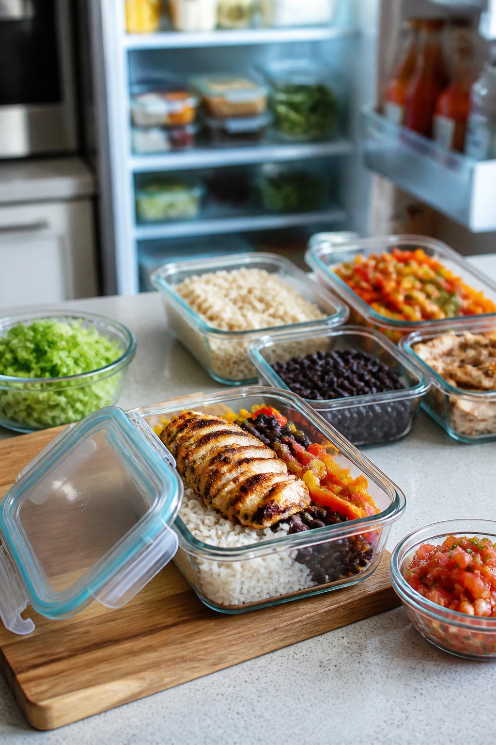Meal prep container with rice and chicken on kitchen counter