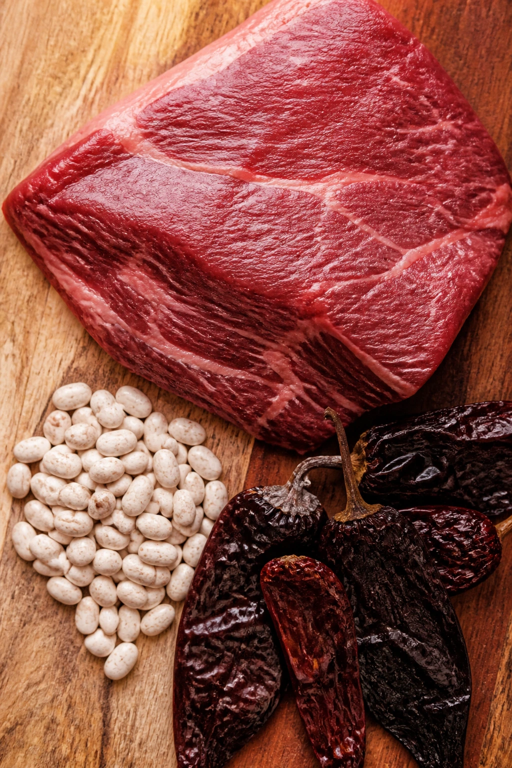 Beef brisket, dried beans, and dried chiles arranged on cutting board