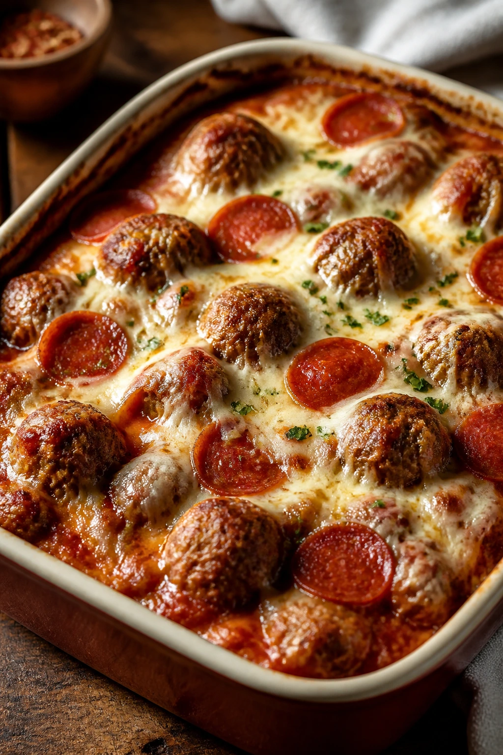 Close-up of meatball pizza casserole in a bubbling baking dish on a rustic kitchen counter