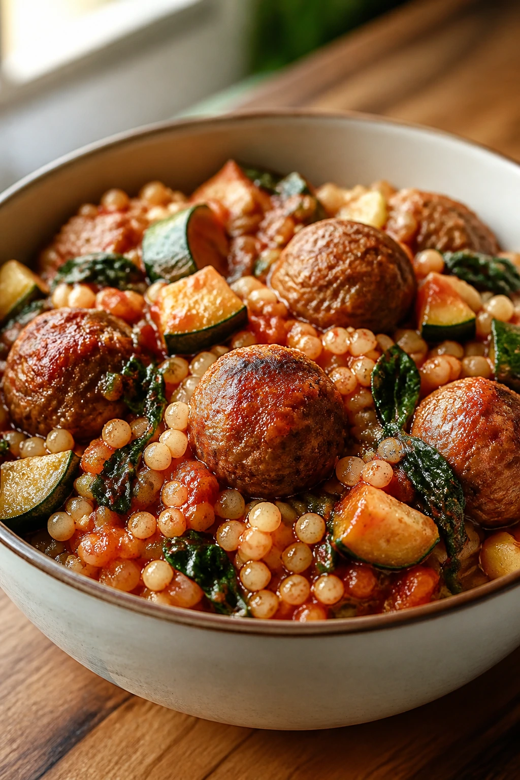 Close-up of meatball couscous bowls with zucchini and spinach in marinara, in a warm kitchen