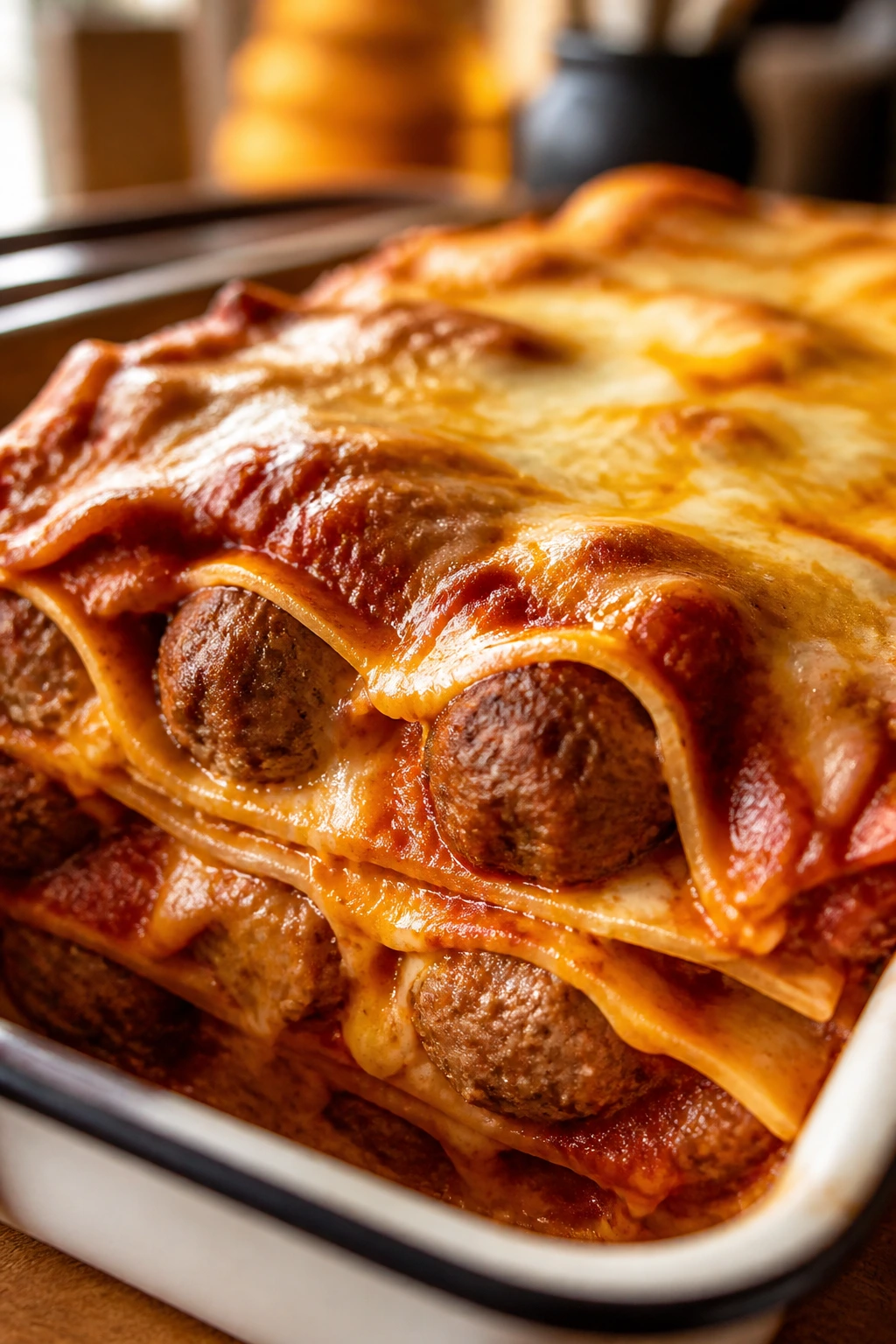 Close-up of a meatball enchilada casserole slice with cheese and red sauce.