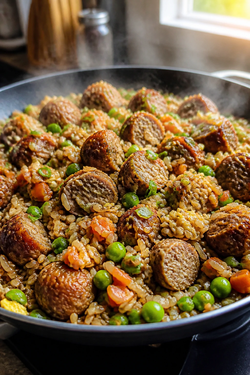 Fried rice with meatballs and vegetables in a pan