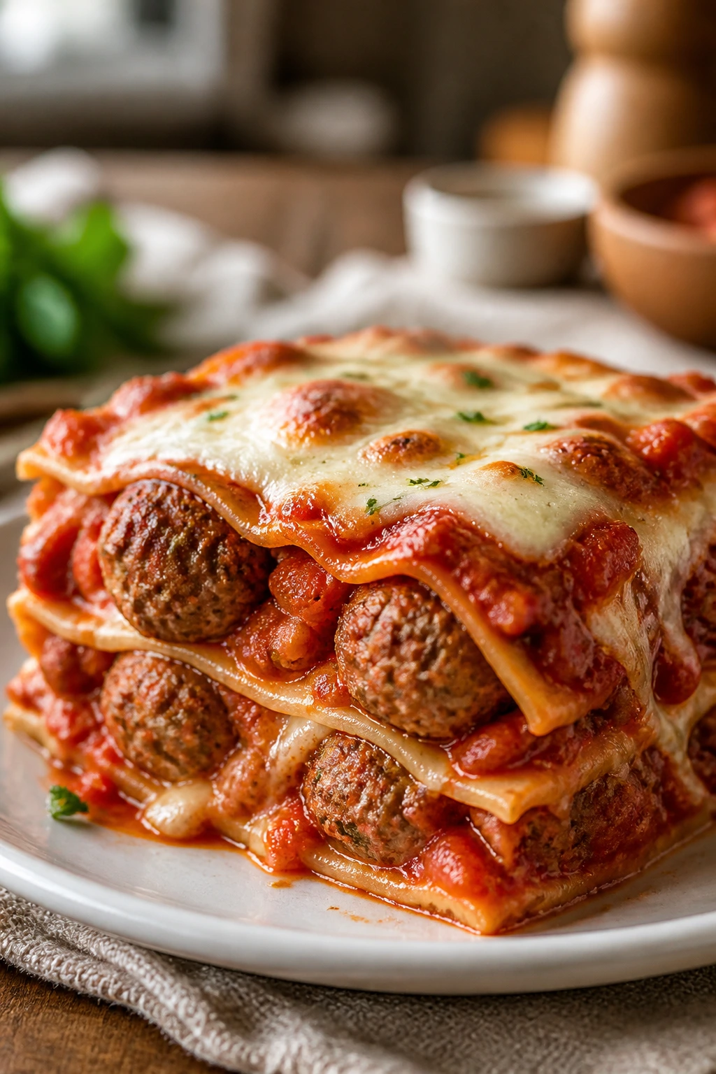 Plated slice of meatball and marinara lasagna with visible meatballs