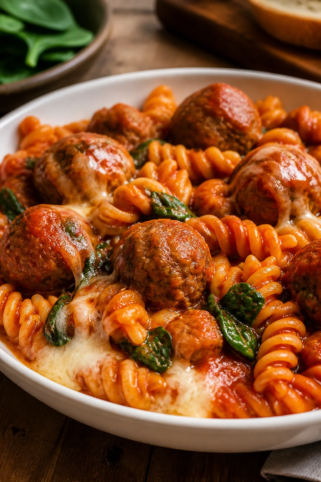 Plate of meatball marinara rotini with spinach