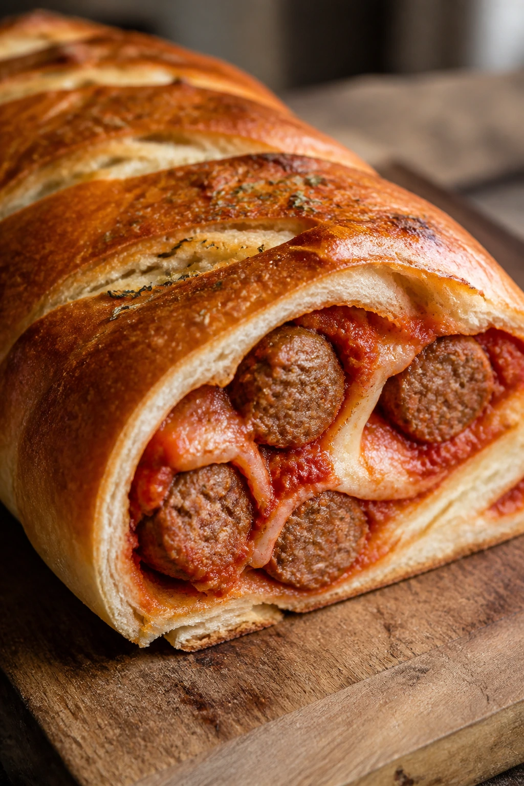 Meatball marinara stromboli sliced to reveal meatballs and marinara