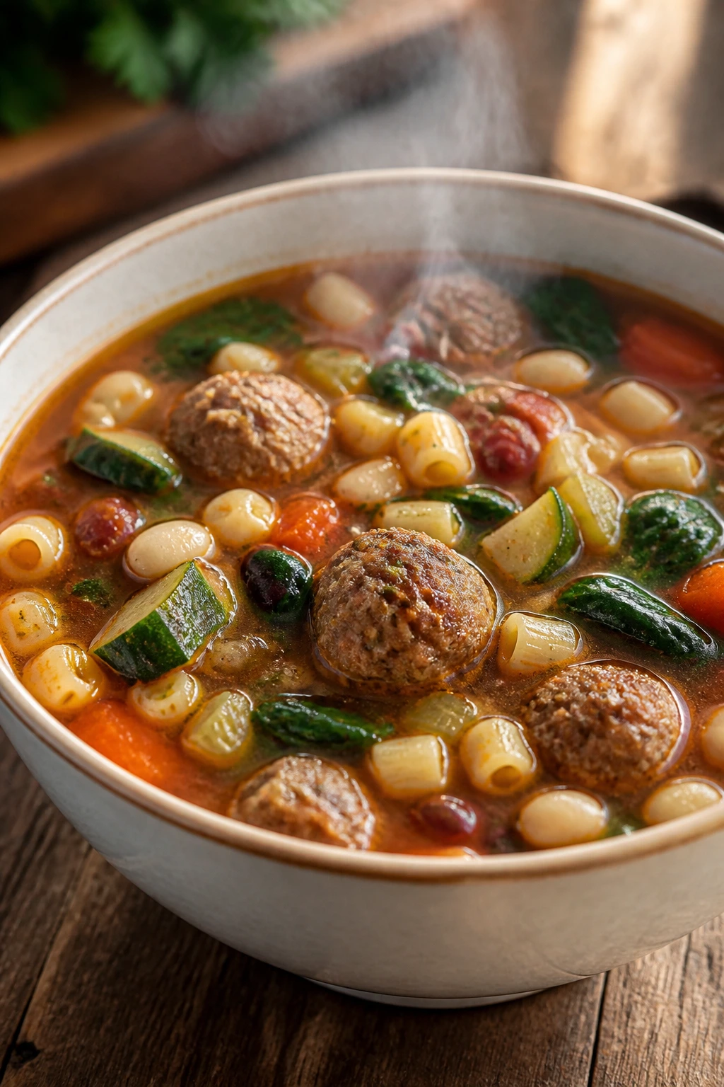 Close-up of meatball minestrone soup in a rustic kitchen setting.