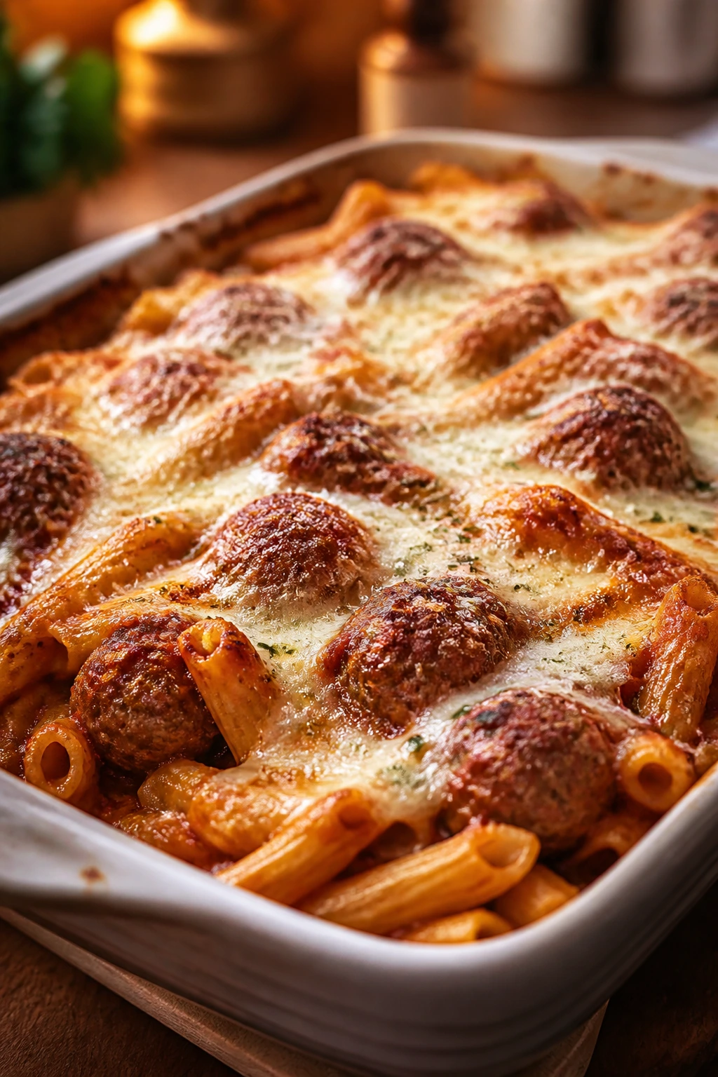 Pasta bake with meatballs and melted cheese