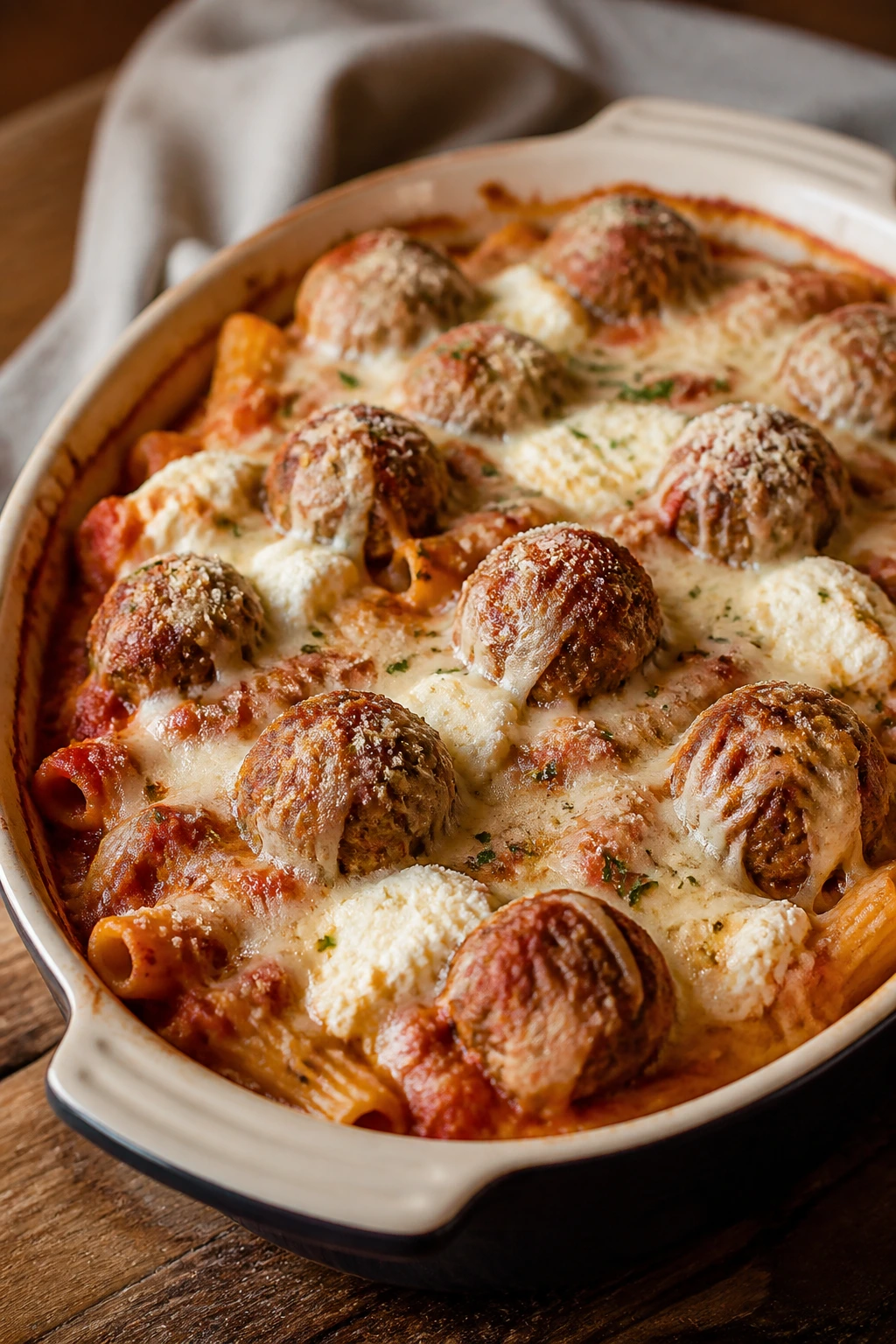Close-up of meatball parmesan pasta bake with melted mozzarella in a baking dish.