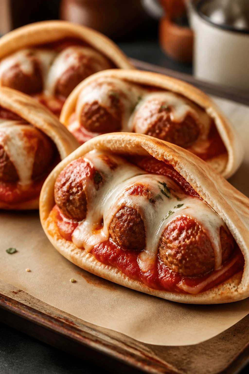 Close-up of baked meatball marinara pita showing meatballs and melted mozzarella