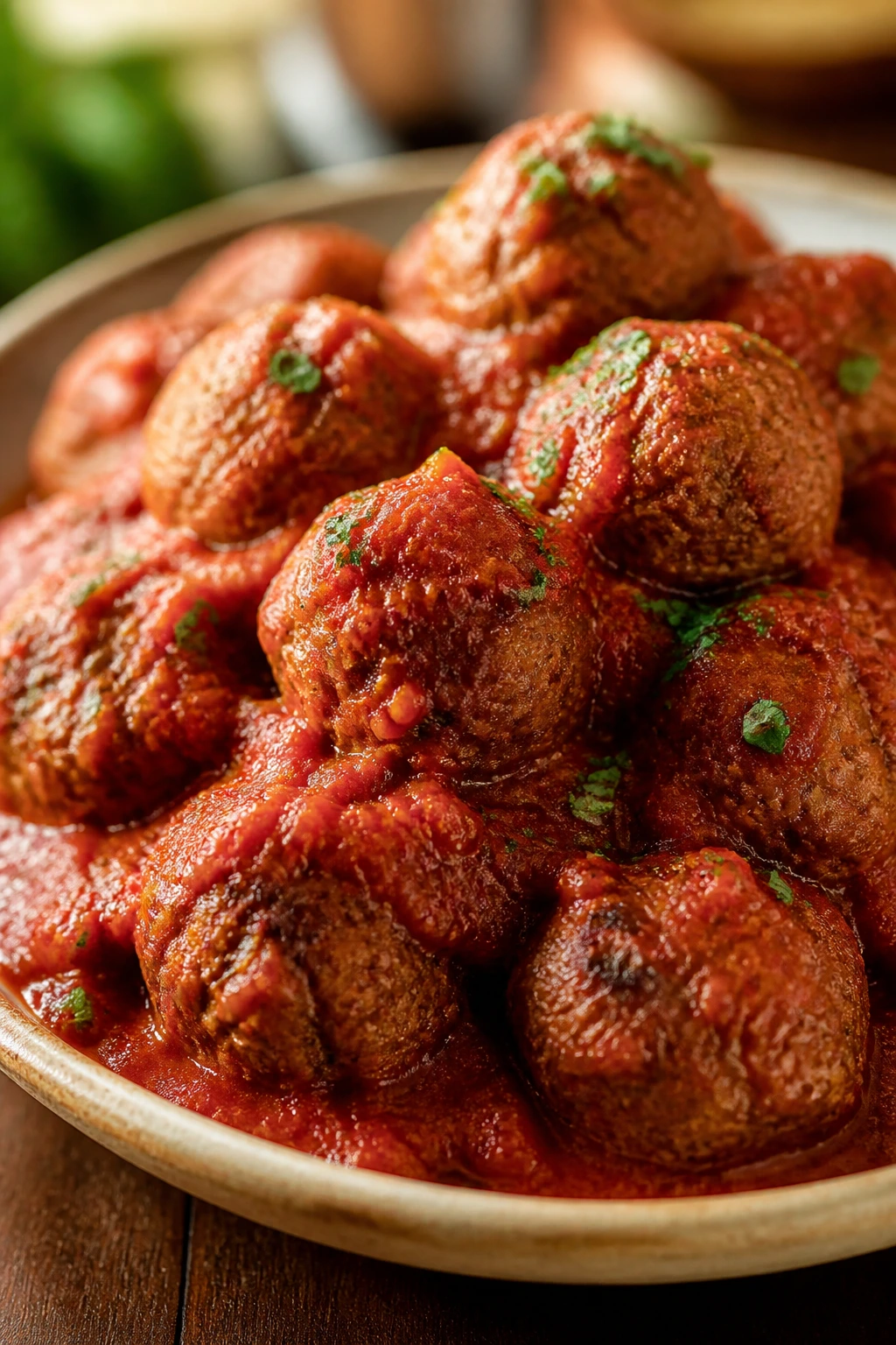 Close-up of a hearty meatball dish on a rustic plate.