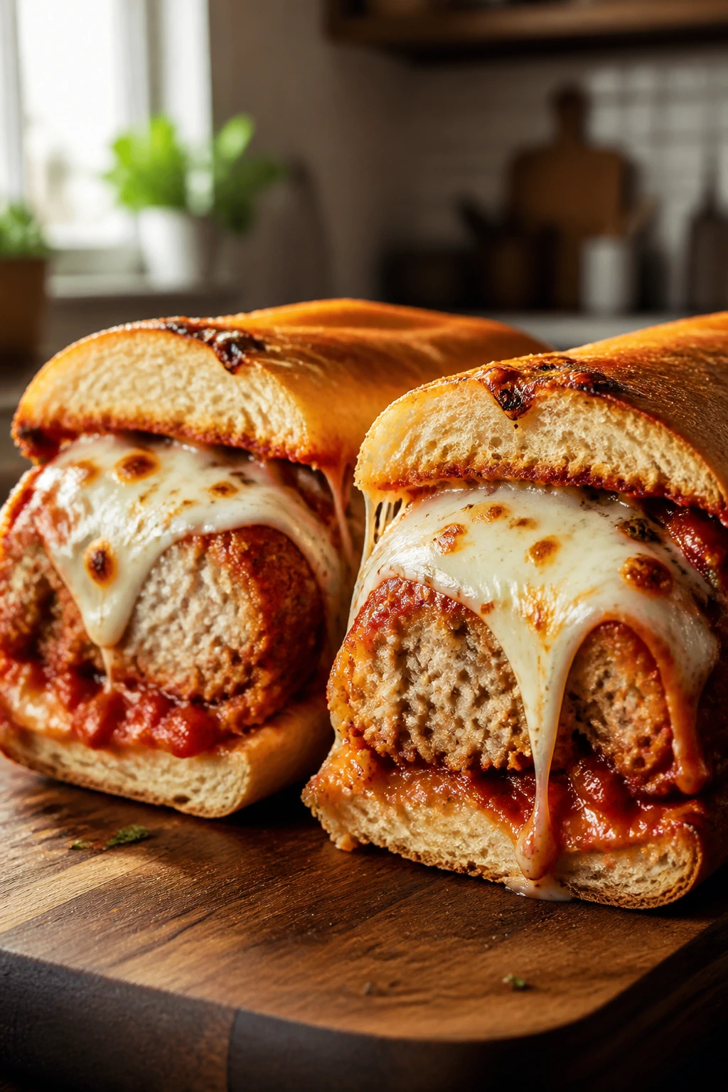 Meatball sub with marinara and melted mozzarella on a wooden board