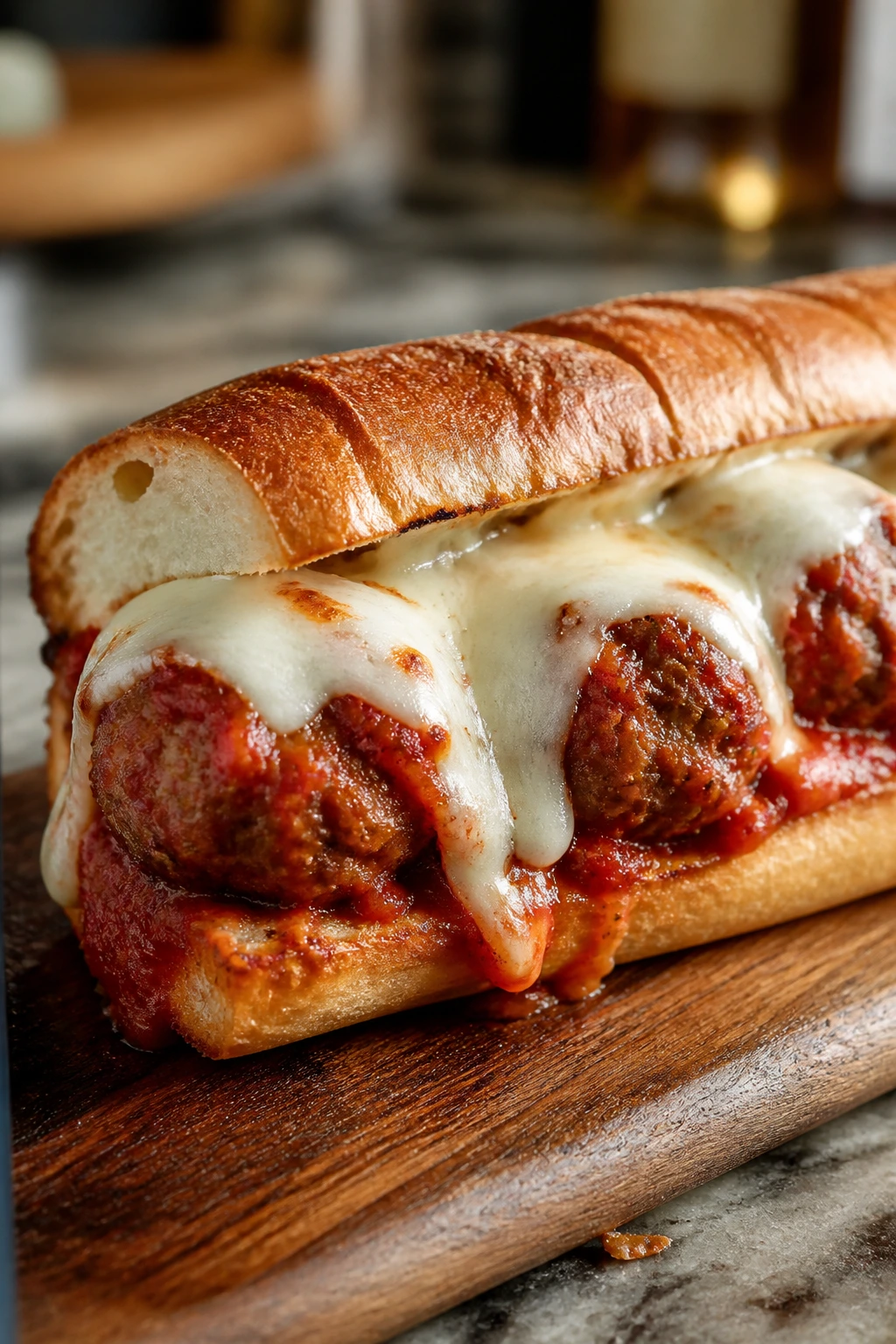 Close-up of a loaded meatball sub on a wooden board