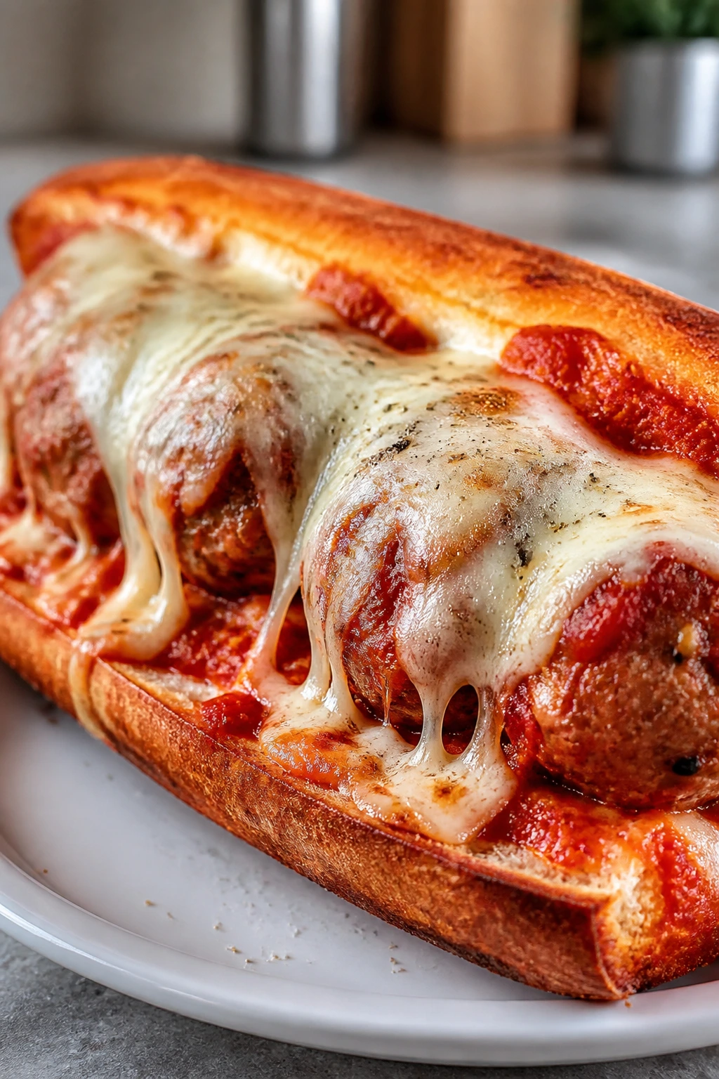 Close-up of a meatball sub with melted mozzarella on a plate