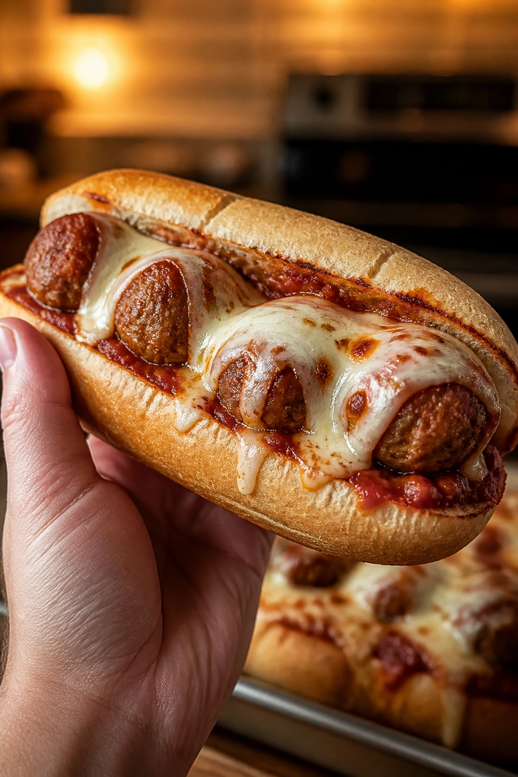 Close-up of a meatball sub sandwich with melted cheese