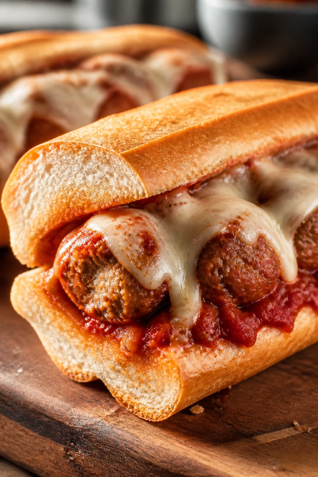 Meatball sub cut in half on a wooden board with sauce and cheese