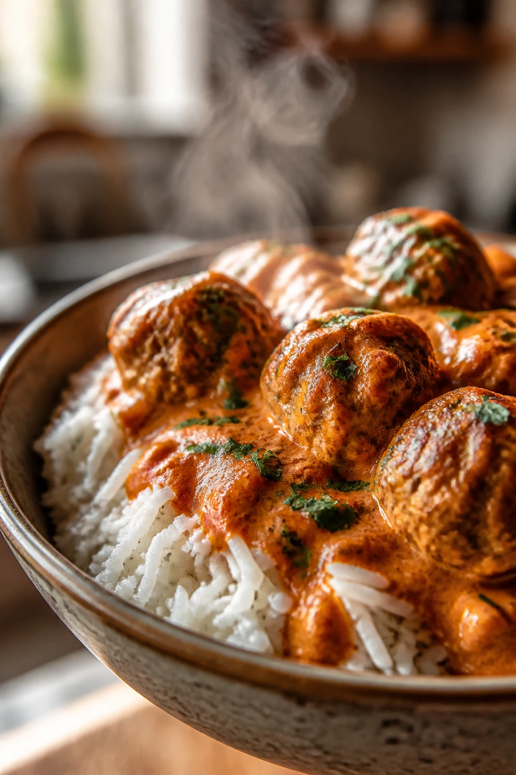 Close-up of meatball tikka masala over basmati rice in a rustic kitchen.