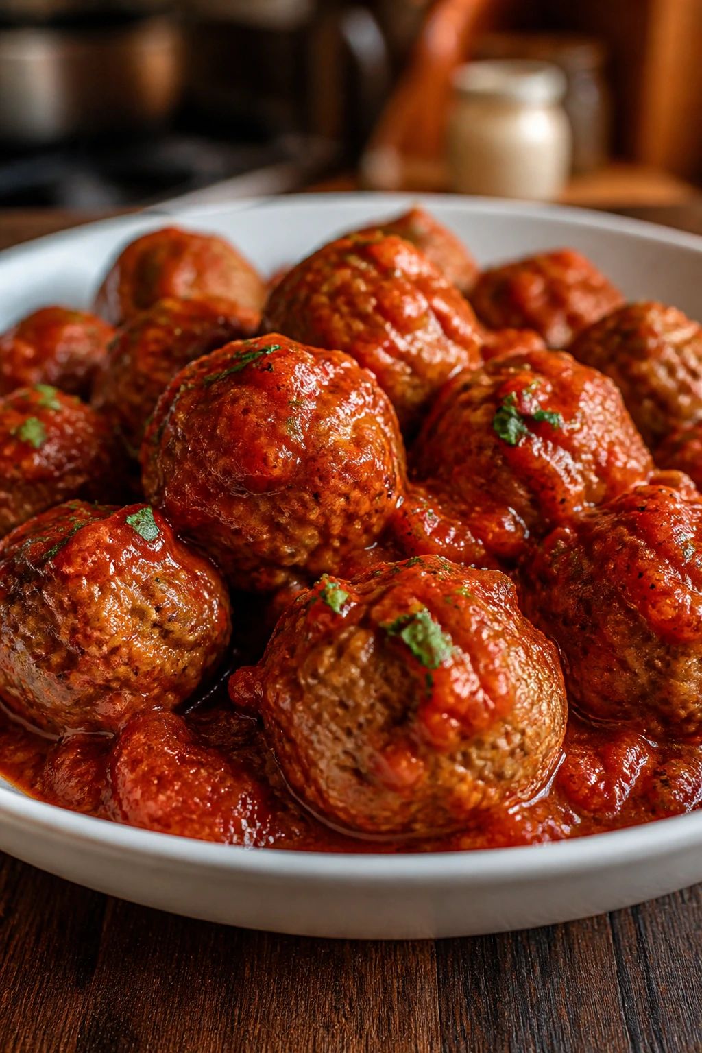 Meatballs with marinara on a plate in a cozy kitchen, illustrating budget-friendly dinner