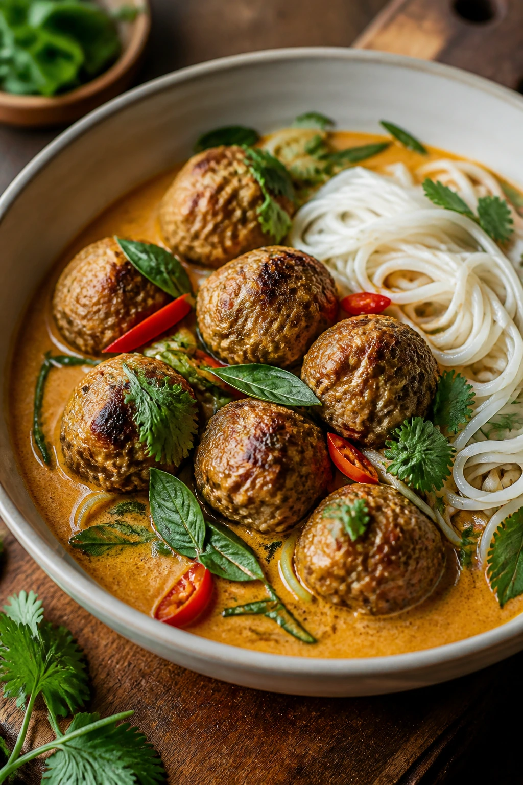Close-up of meatballs in coconut curry with rice noodles and herbs