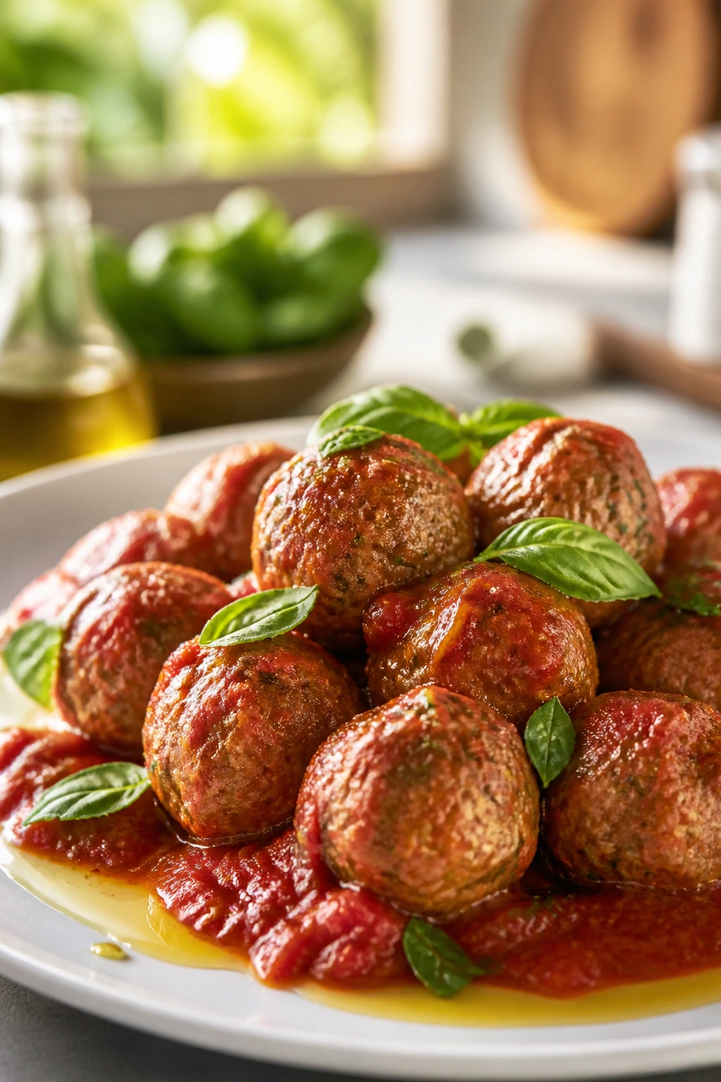 Meatballs with olive oil drizzle and fresh basil on a plate