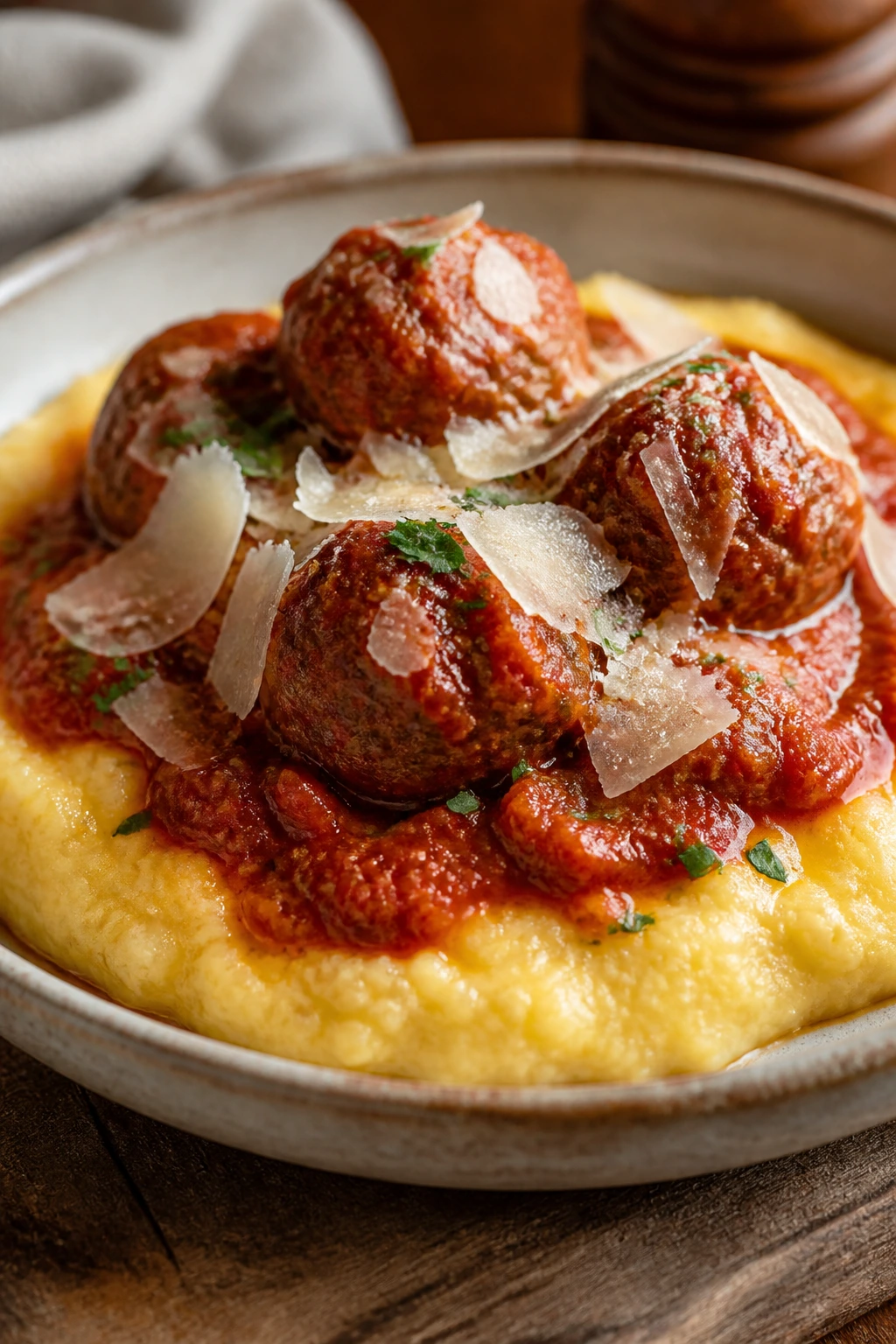 Close-up of meatballs with marinara and Parmesan on polenta on a rustic plate