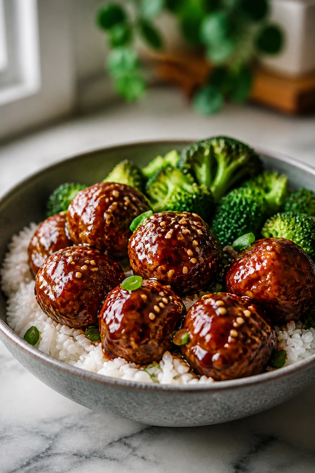 Meatballs in teriyaki glaze over rice with broccoli and sesame seeds