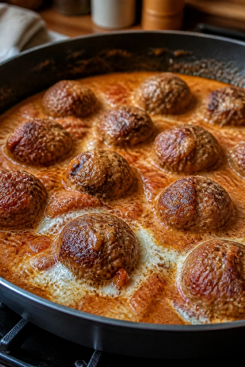 Skillet with meatballs and sauce illustrating common sauce-heating mistakes.