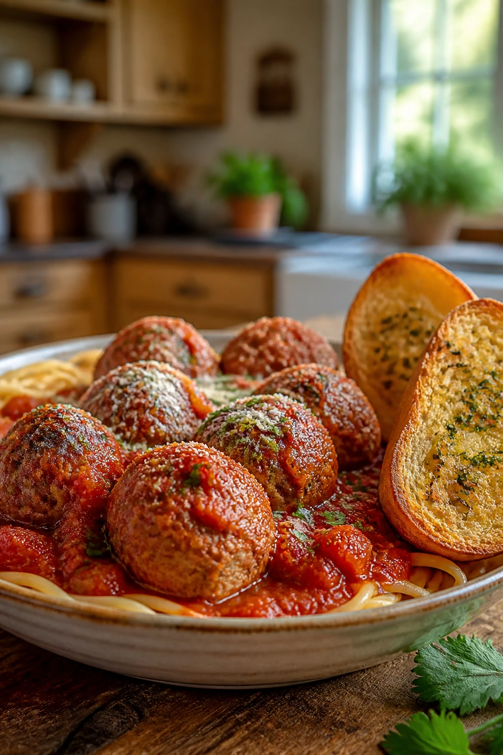Saucy meatball dinner served in a shallow bowl with garlic bread