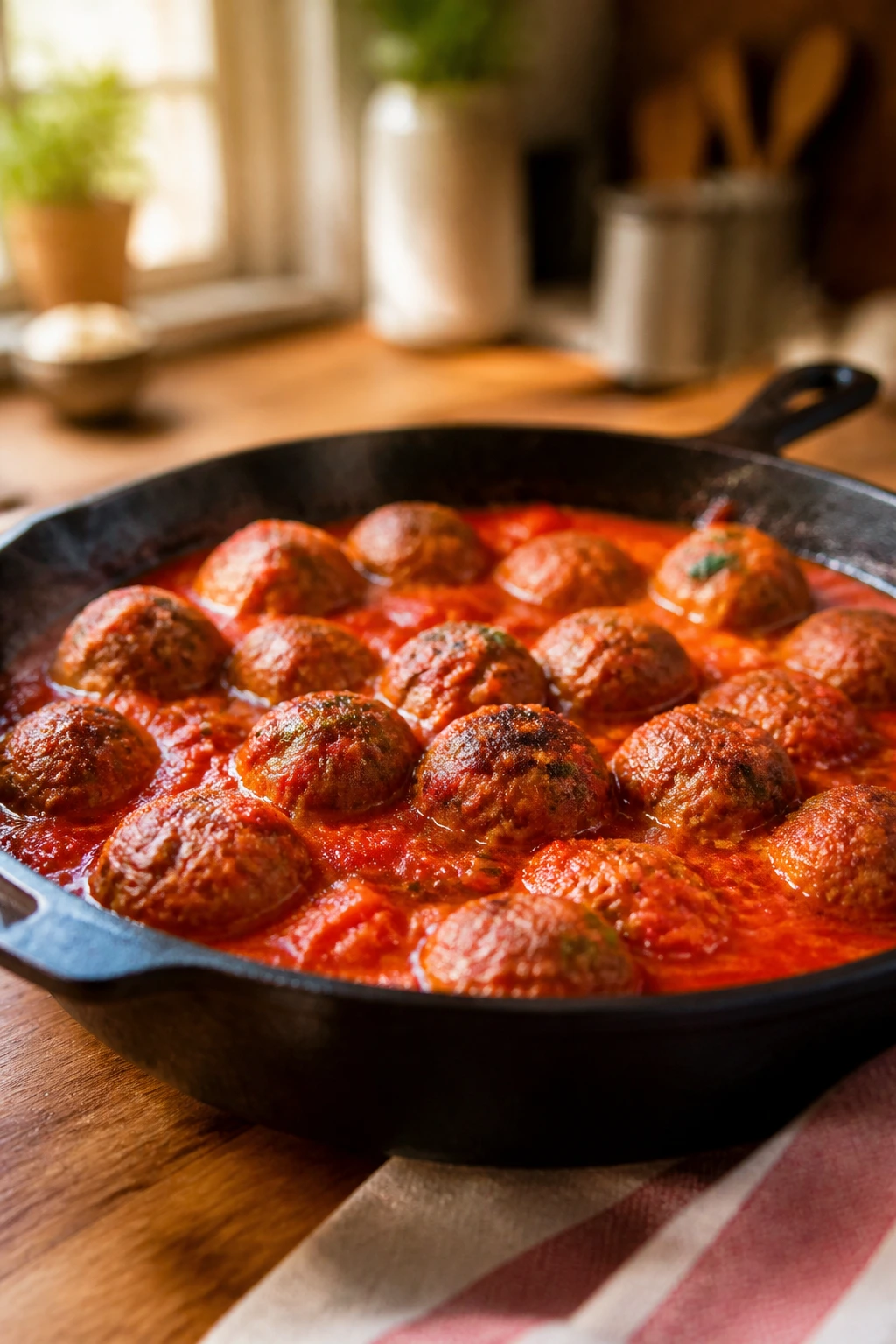 Close-up of meatballs in tomato sauce in a cast-iron skillet on a stove, cozy kitchen in background