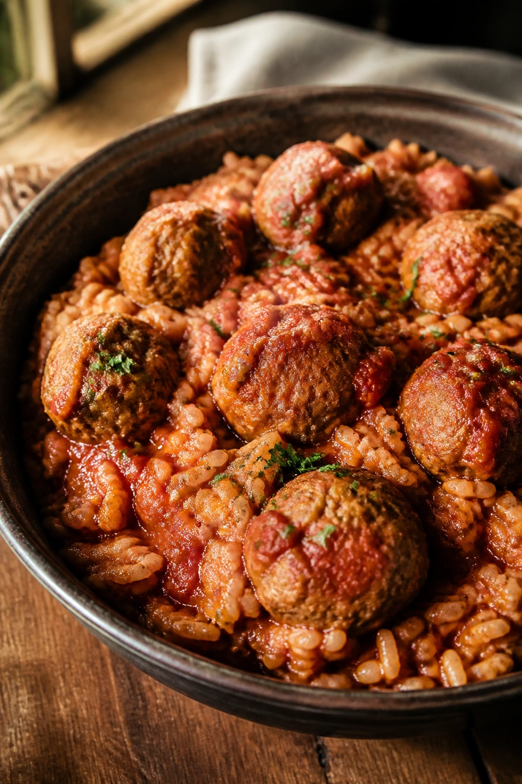 Close-up of meatballs in tomato rice in a bowl with warm kitchen background
