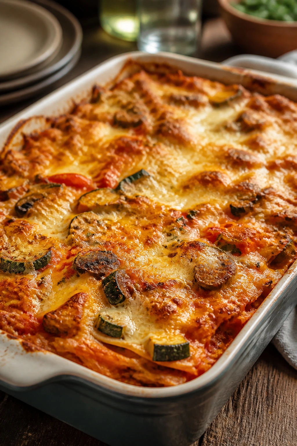 Close-up of a bubbling baked casserole filling a rustic wooden table