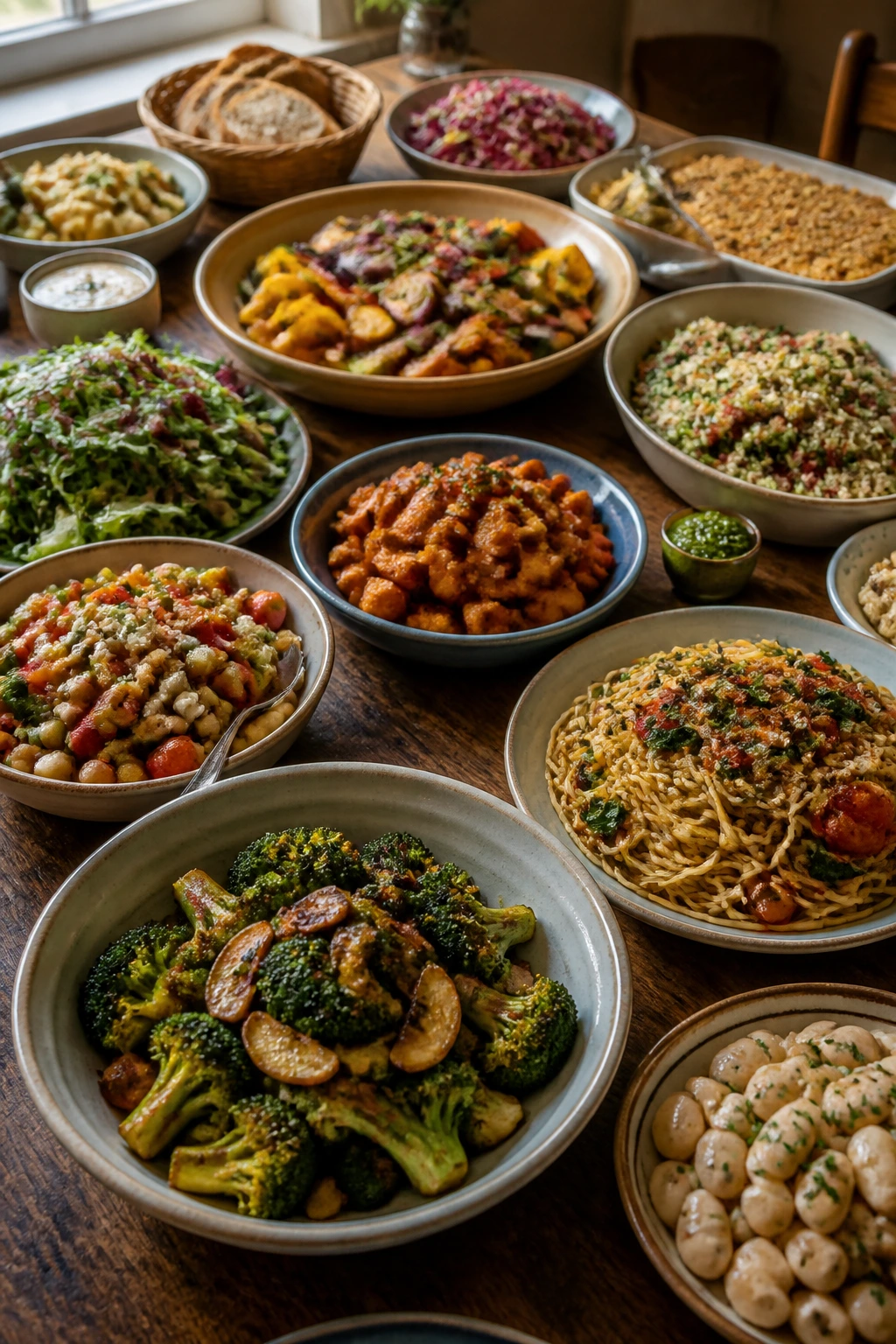 Close-up of a rustic dining table loaded with vibrant meatless dishes for a family dinner