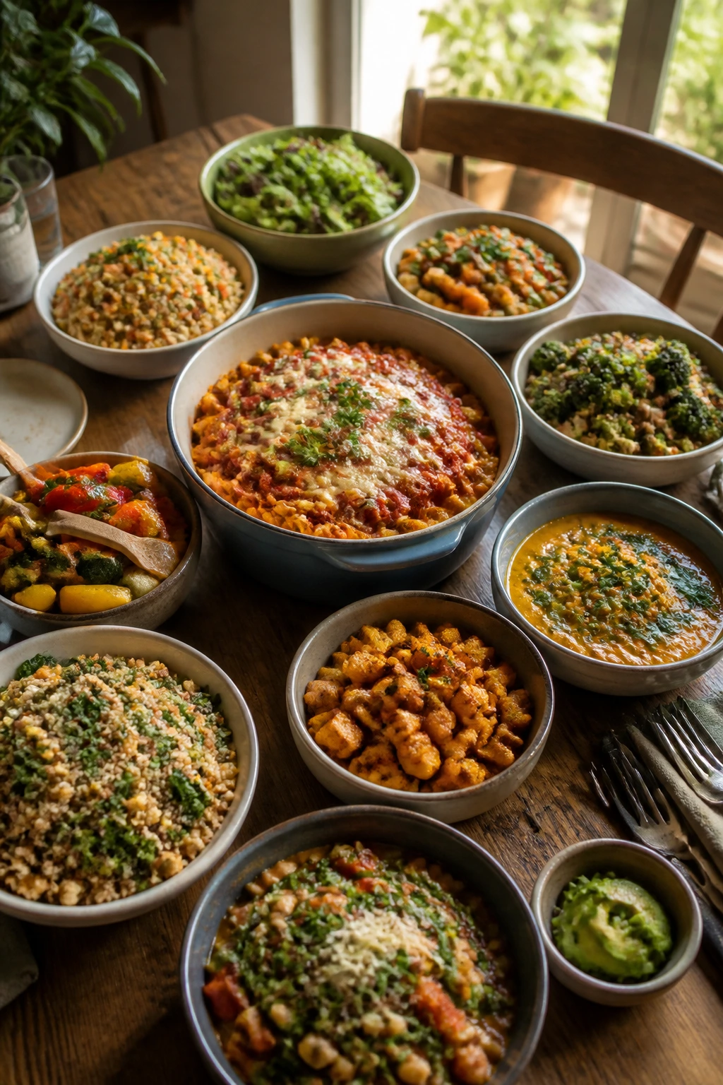 Overhead view of a table filled with meatless dishes.
