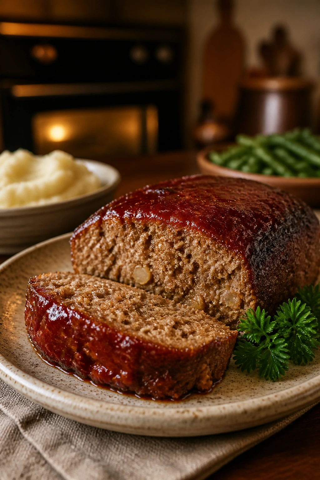 Close-up of plated glossy meatloaf dinner in a warm kitchen