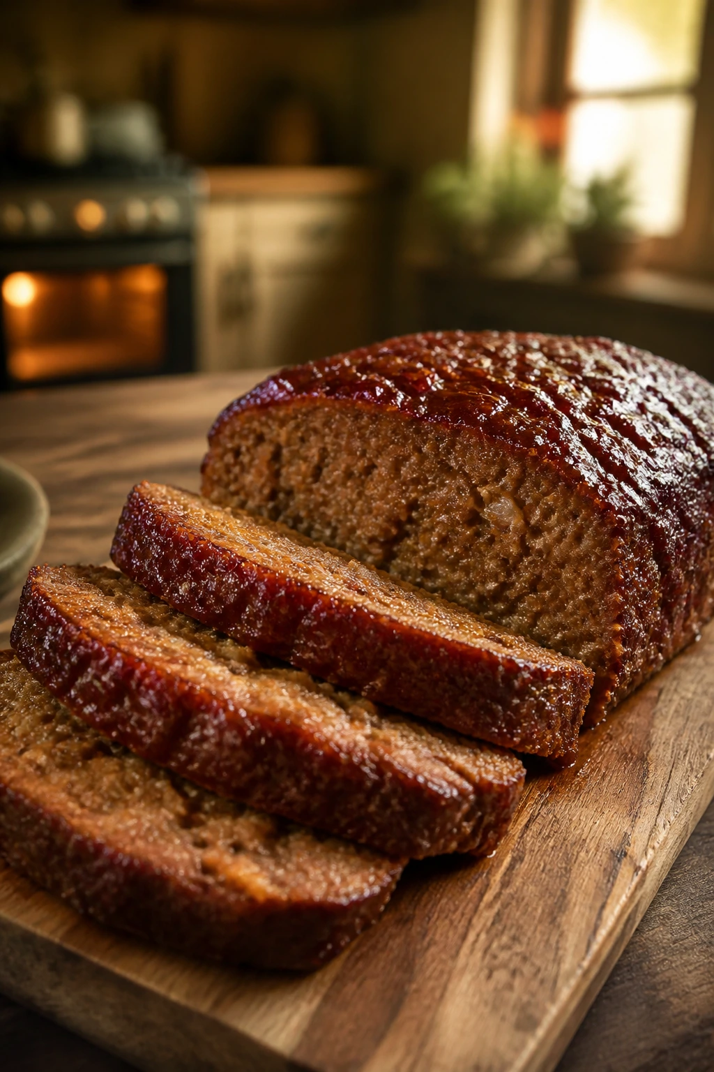 Close-up of glossy meatloaf slices on a wooden board in a cozy kitchen