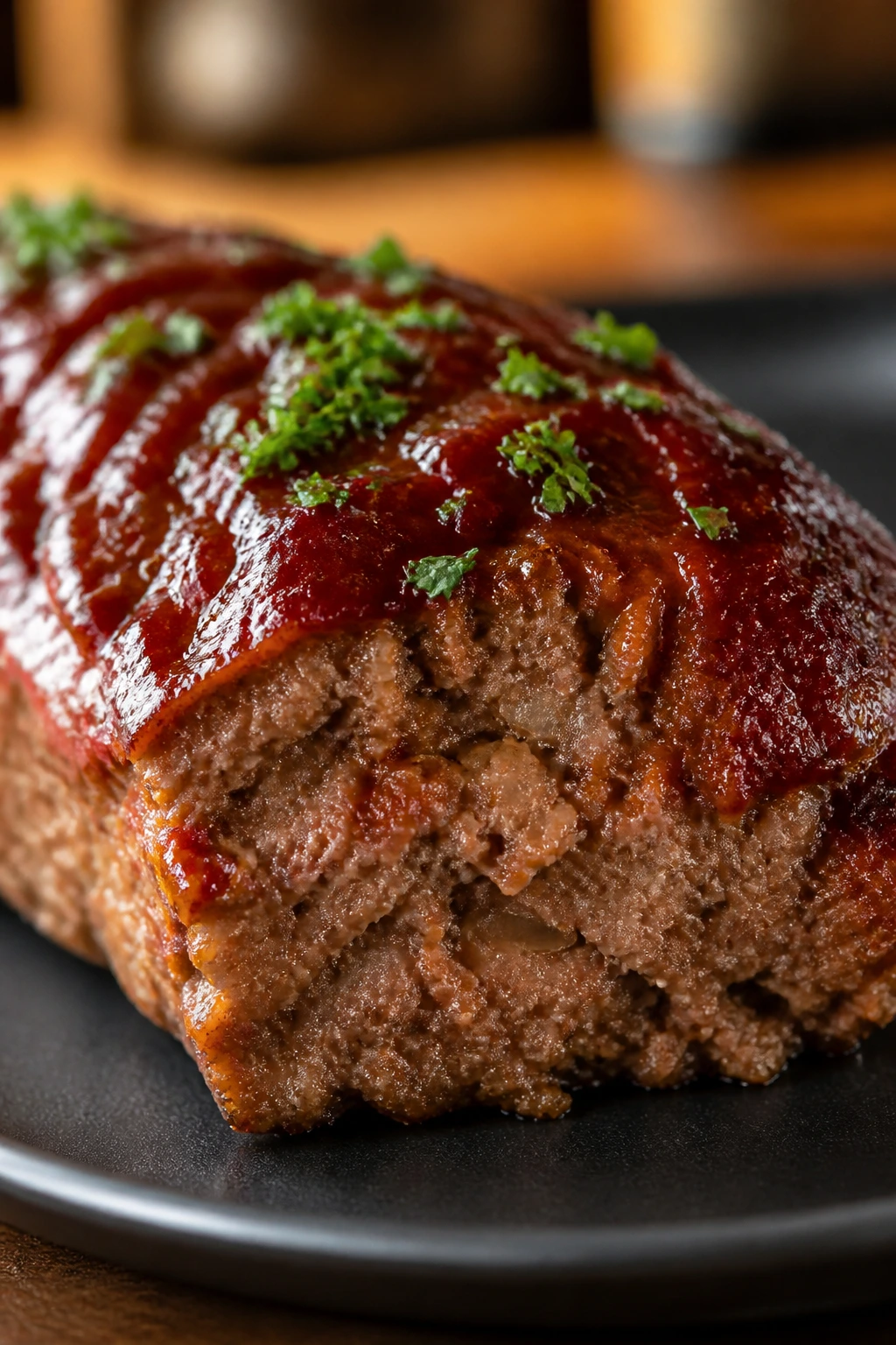 Glossy meatloaf slice with glaze and herbs on a dark plate