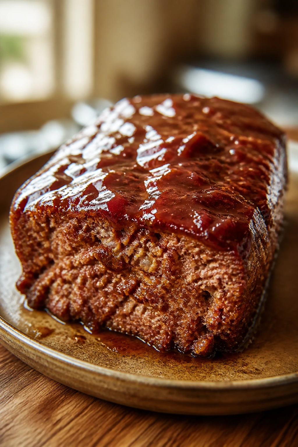 Slice of meatloaf with tangy glaze on a plate.