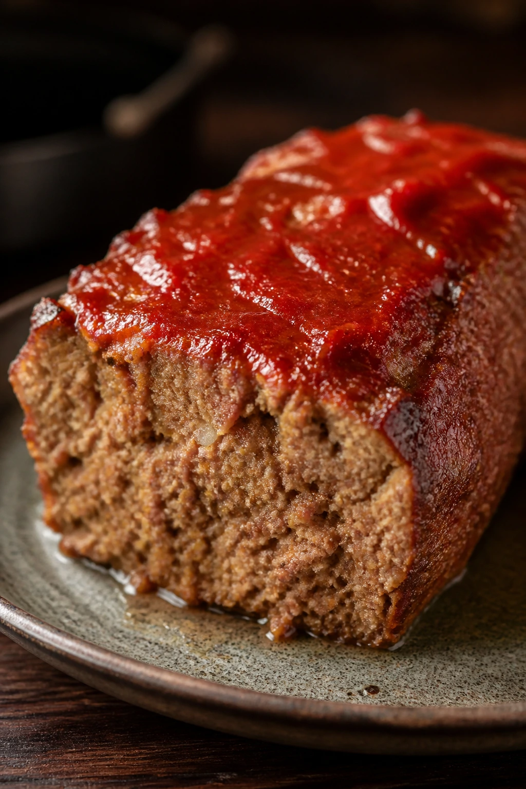 Slice of meatloaf with glossy tomato glaze on a rustic plate