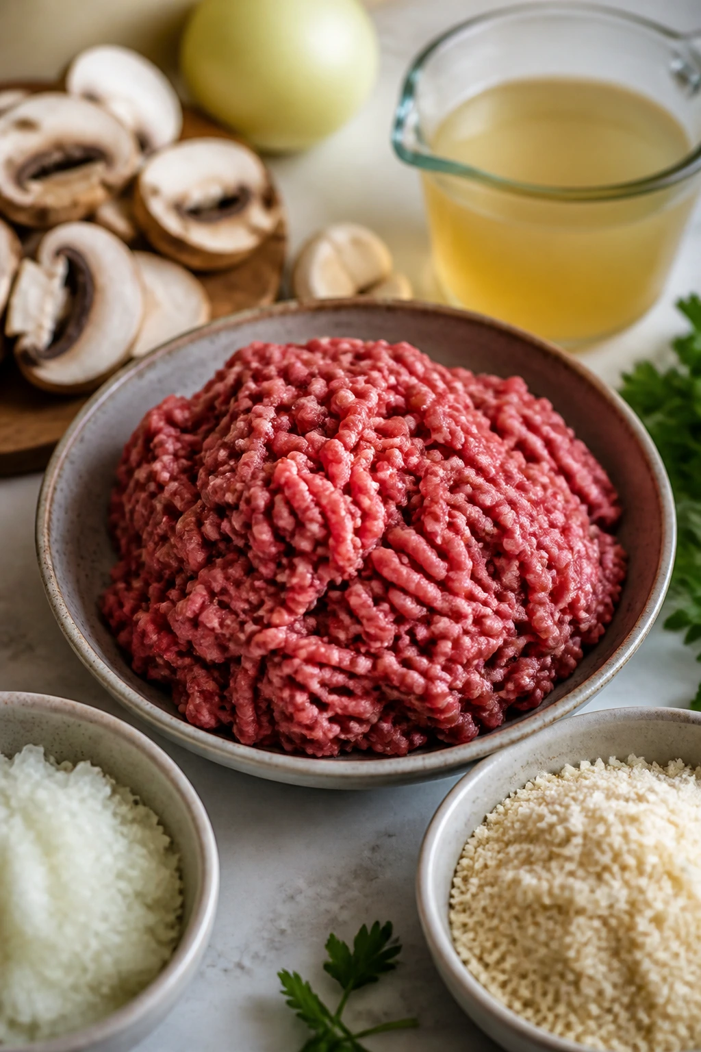 Close-up of meatloaf ingredients including ground beef, breadcrumbs, onions, and mushrooms