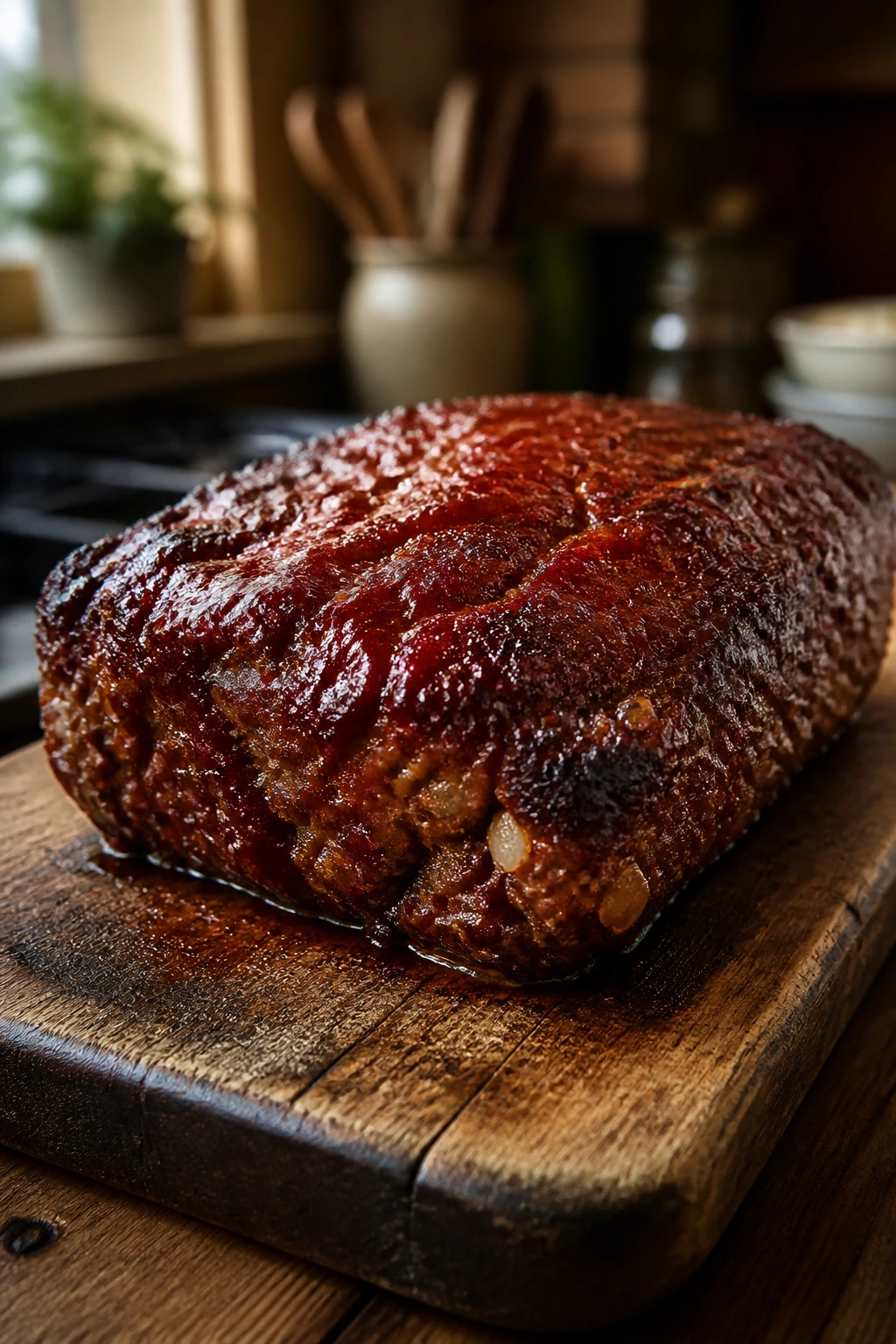 Close-up of meatloaf loaf with glossy glaze and uneven edges on cutting board