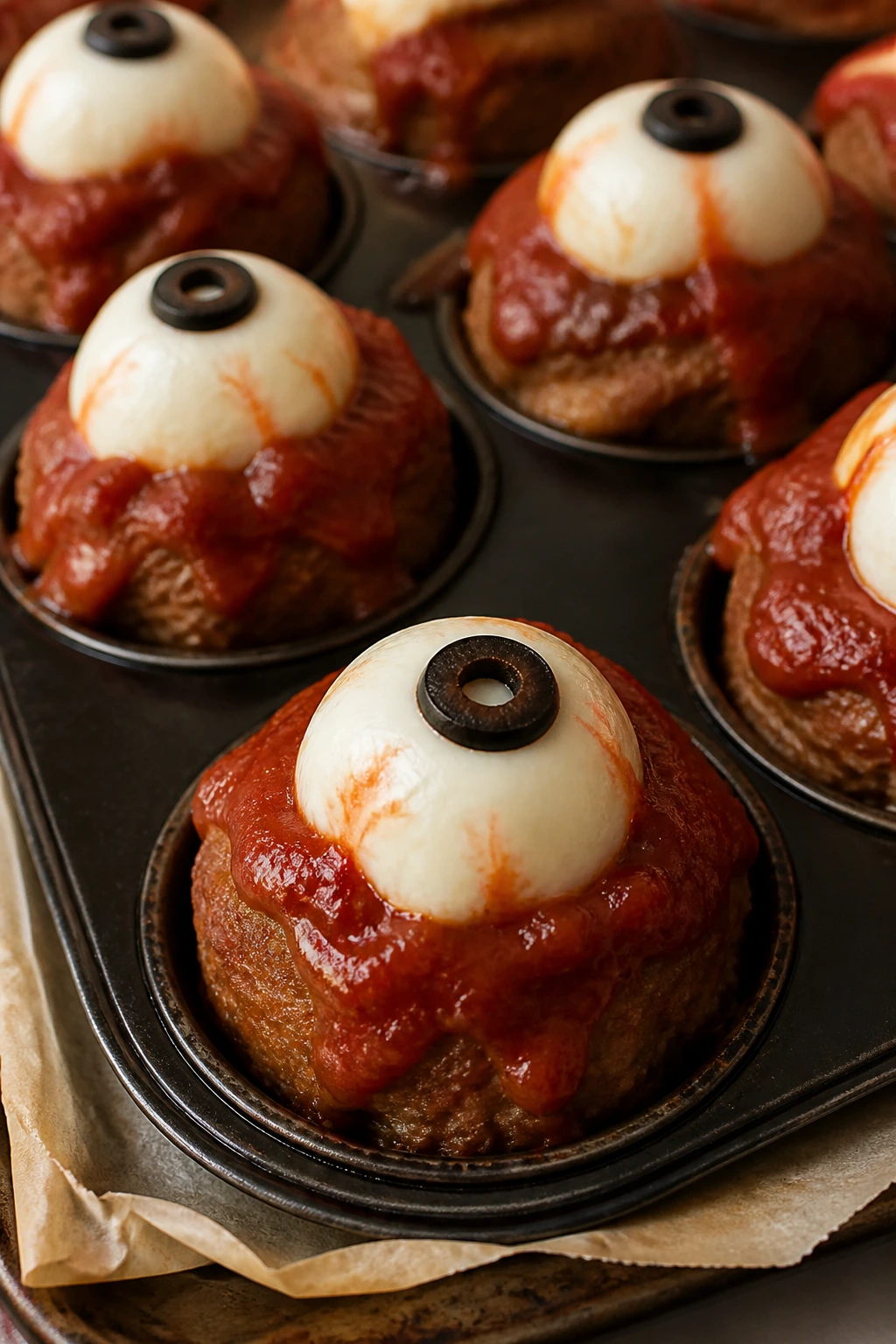 Close-up of Eyeball Meatloaf Muffins with mozzarella eyes and olive pupils.